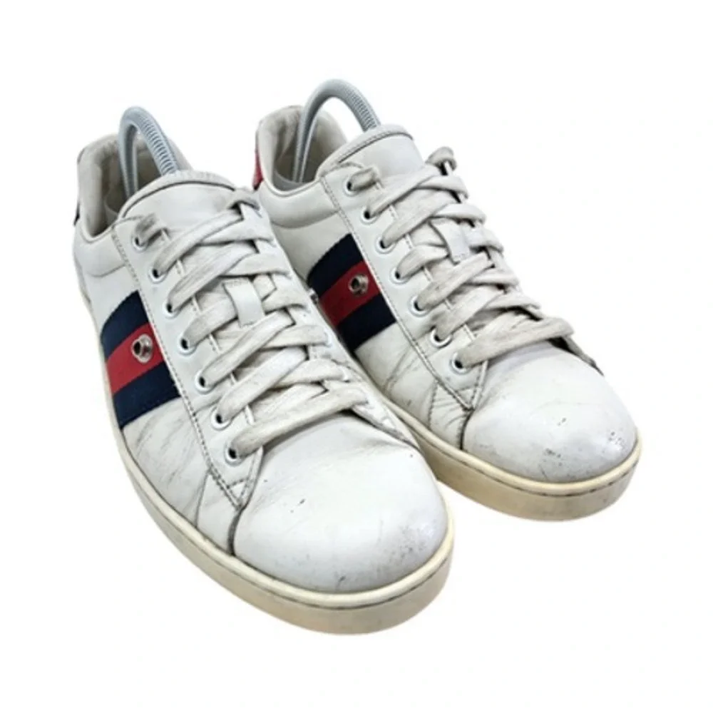 Gucci Ace Shoes Mens UK 8.5 US 9.5 White Leather Stripe Low Top Casual Sneakers